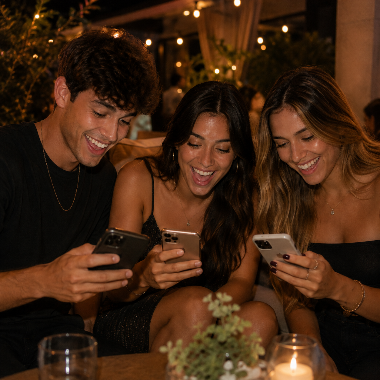 Convidados felizes interagindo pelo celular durante a festa